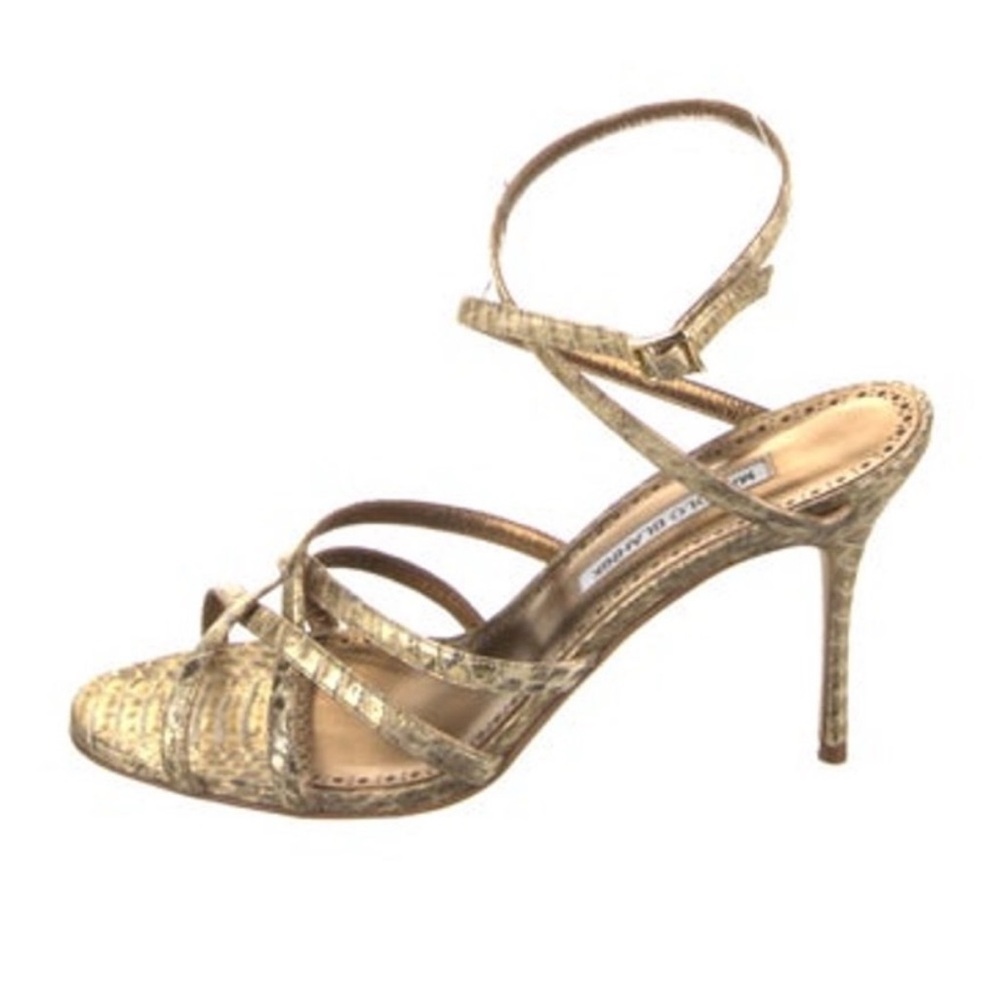 Manolo Blahnik Gold Python Strappy High Heel Sand… - image 1